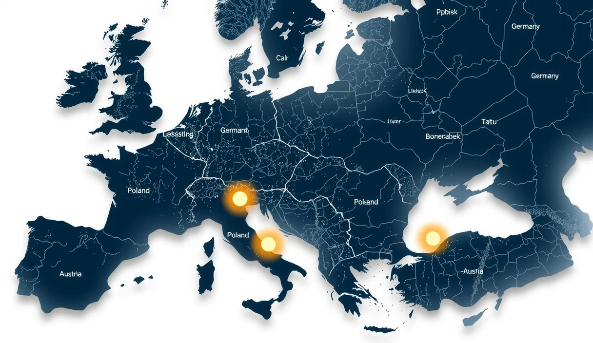 Mapa Europy z zaznaczonymi lokalizacjami dostawców
